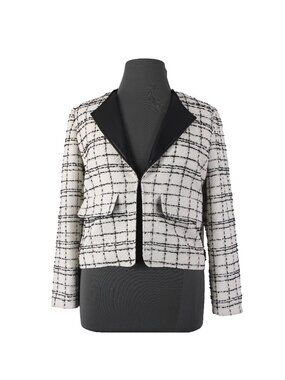 Chicos Blazer Jacket $139 Sz 2 White Black Gold Tweed Faux Leather Poly Metallic
